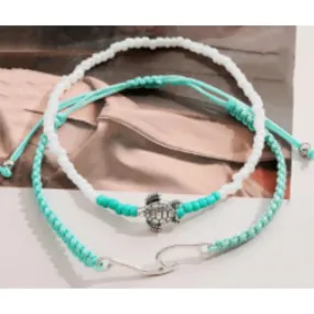 Set Of 2 Aqua Wave & Turtle Anklets
