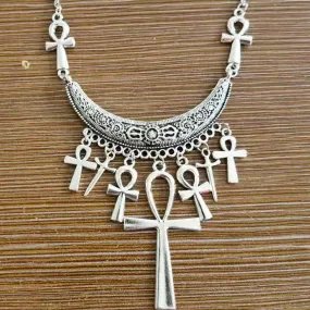 Silver Colored Necklace w/ Multi Hanging Ankh and Dagger Details