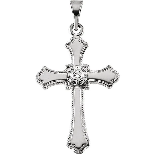 Simple Illusion Top Diamond Solitaire Cross With Beaded Edge Solid 14 Karat White Gold