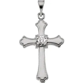 Simple Illusion Top Diamond Solitaire Cross With Beaded Edge Solid 14 Karat White Gold