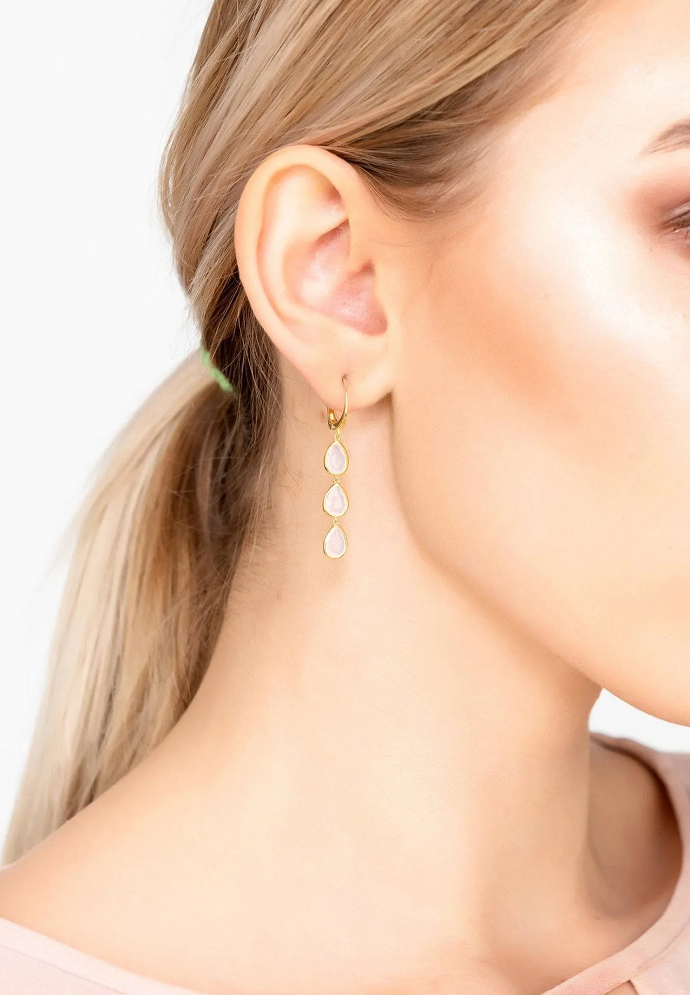 Sorrento Triple Drop Earrings Gold Rose Quartz