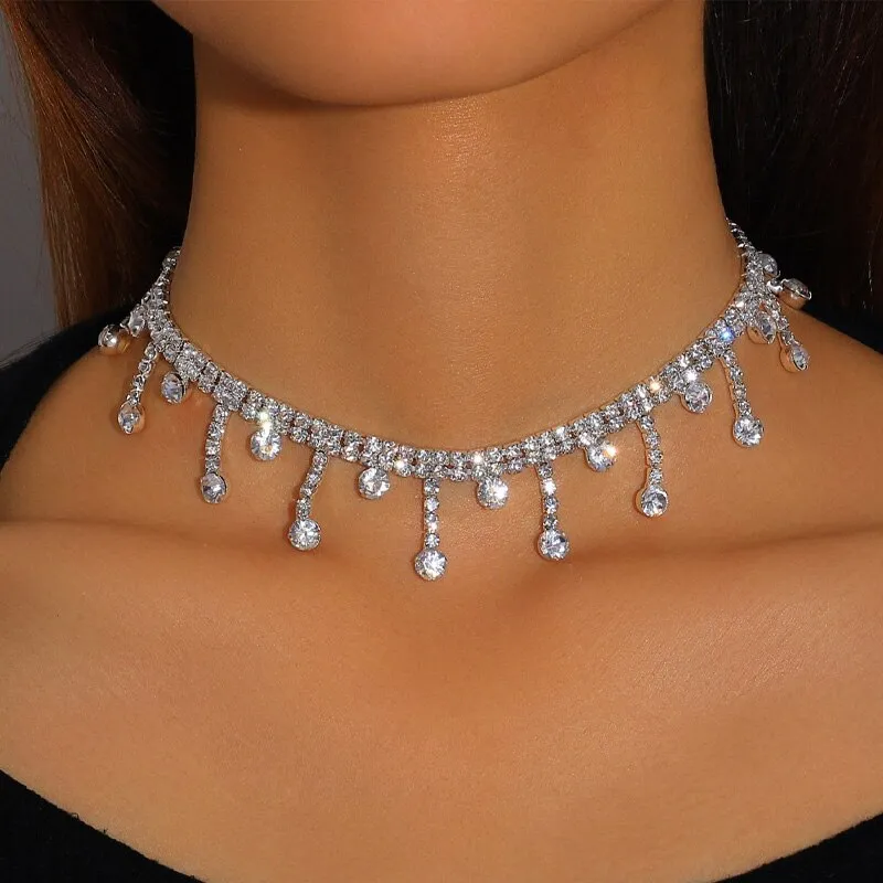 Stonefans Fashion Short Tassel Rhinestone Necklace Choker for Women Statement Water Drop Pendant Choker Collar Jewelry Gift