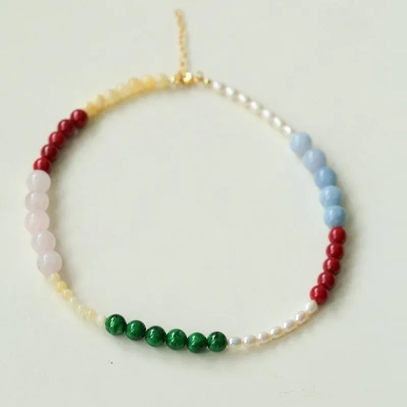 Vibrant Multicolored Gemstone and Pearl Beaded Necklace-Red Green Necklace