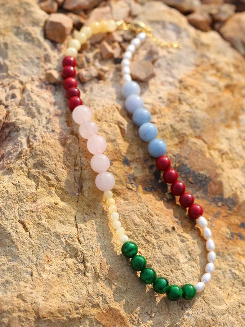 Vibrant Multicolored Gemstone and Pearl Beaded Necklace-Red Green Necklace