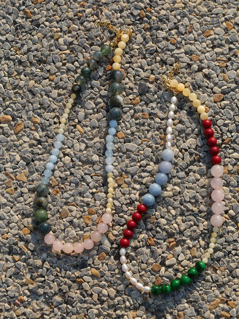 Vibrant Multicolored Gemstone and Pearl Beaded Necklace-Red Green Necklace