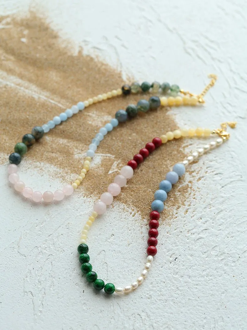 Vibrant Multicolored Gemstone and Pearl Beaded Necklace-Red Green Necklace
