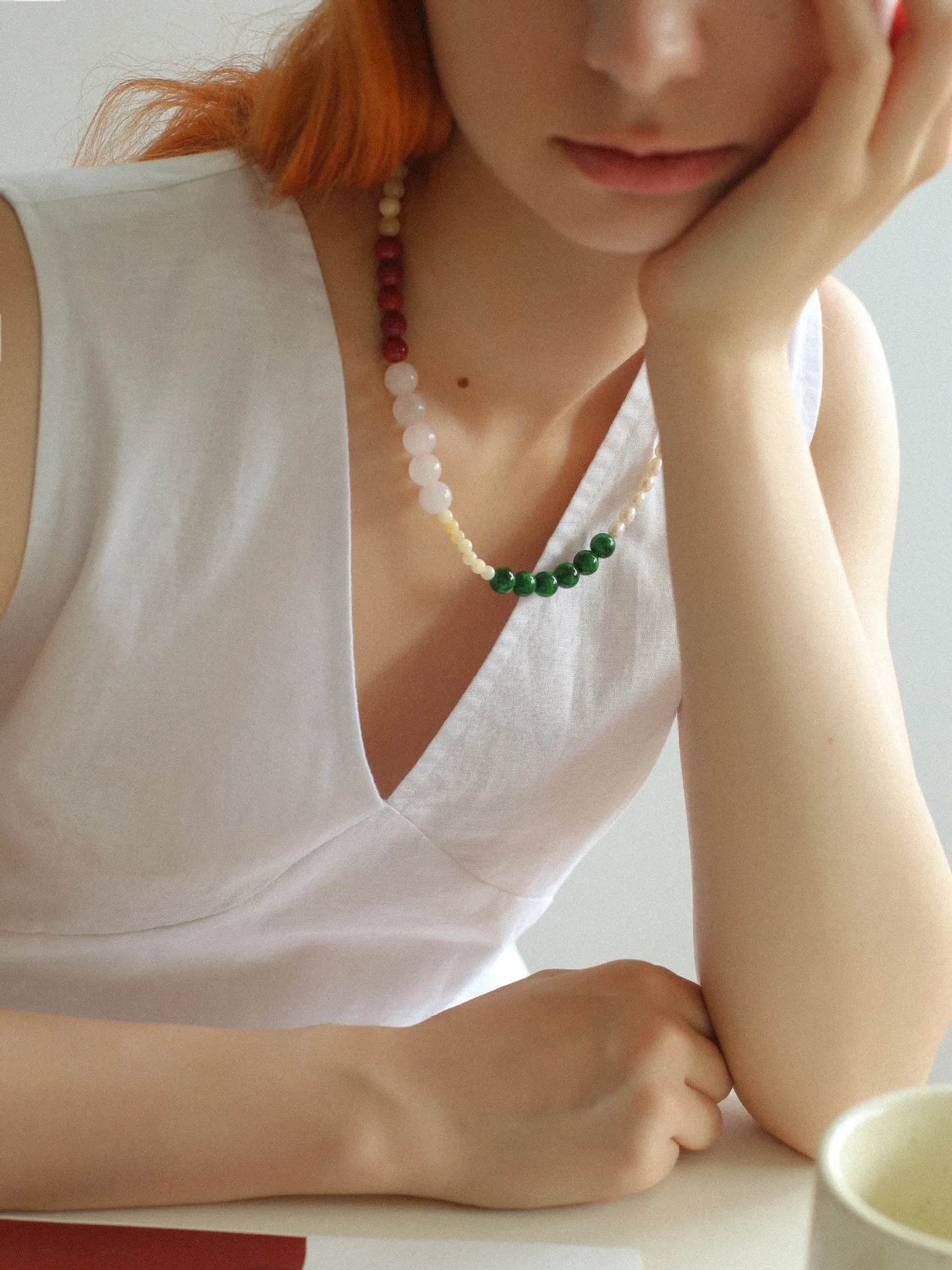 Vibrant Multicolored Gemstone and Pearl Beaded Necklace-Red Green Necklace