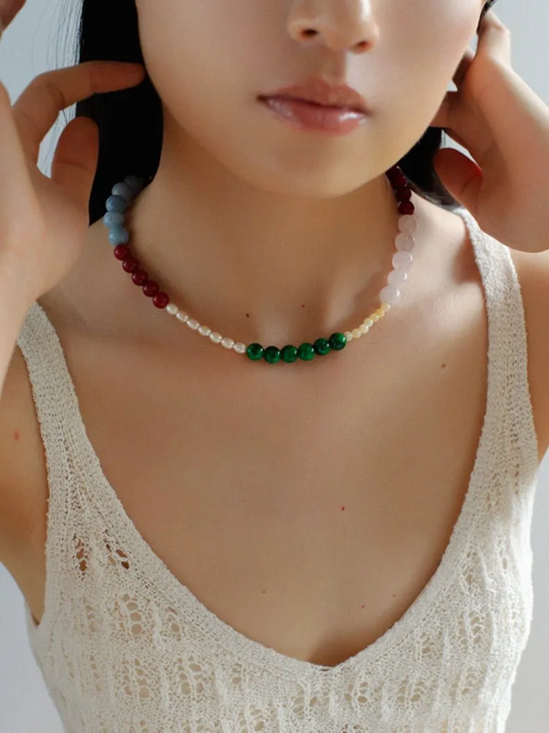 Vibrant Multicolored Gemstone and Pearl Beaded Necklace-Red Green Necklace