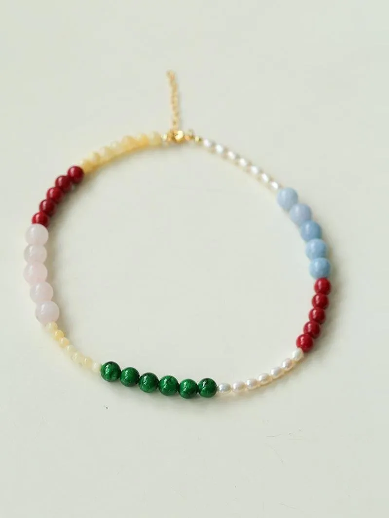 Vibrant Multicolored Gemstone and Pearl Beaded Necklace-Red Green Necklace