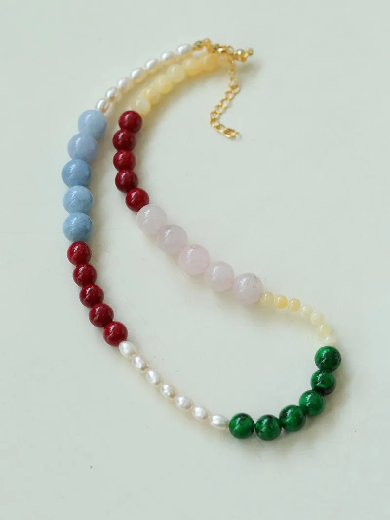 Vibrant Multicolored Gemstone and Pearl Beaded Necklace-Red Green Necklace