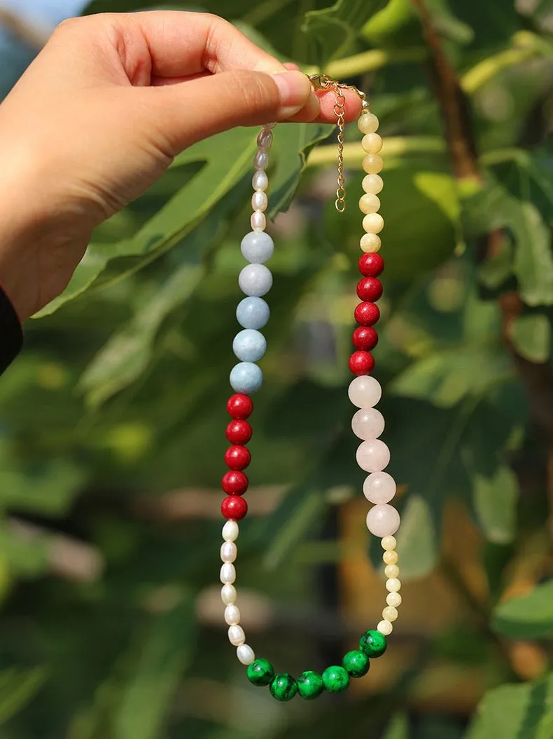 Vibrant Multicolored Gemstone and Pearl Beaded Necklace-Red Green Necklace