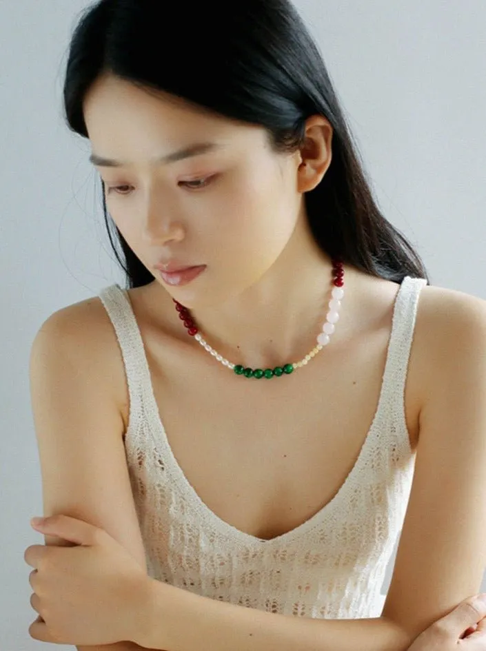 Vibrant Multicolored Gemstone and Pearl Beaded Necklace-Red Green Necklace