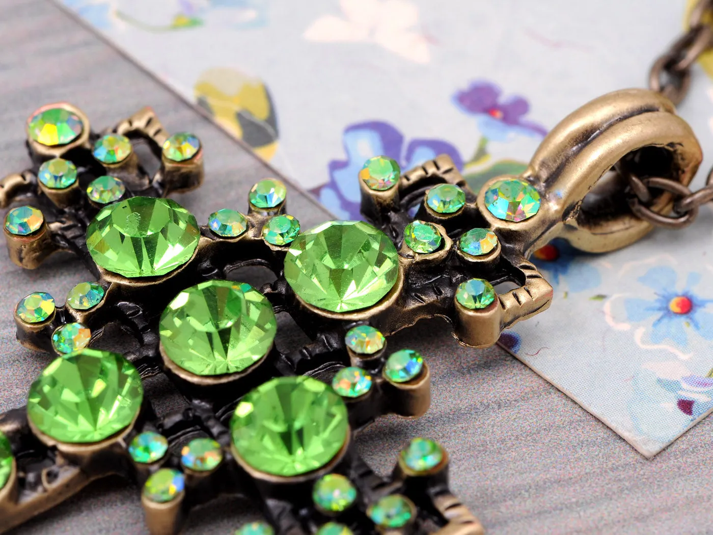 Vintage Green Peridot Bubble Holy Cross Pendant Necklace