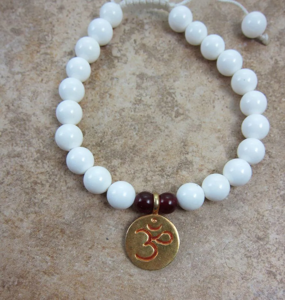 White Shell Wrist Mala with Gold Om
