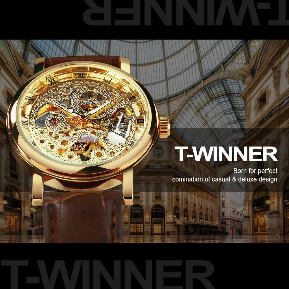 WINNER Classic Vintage Gold Skeleton Hand Wind Mechanical Watch for Men Leather Belt