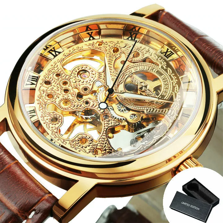 WINNER Classic Vintage Gold Skeleton Hand Wind Mechanical Watch for Men Leather Belt