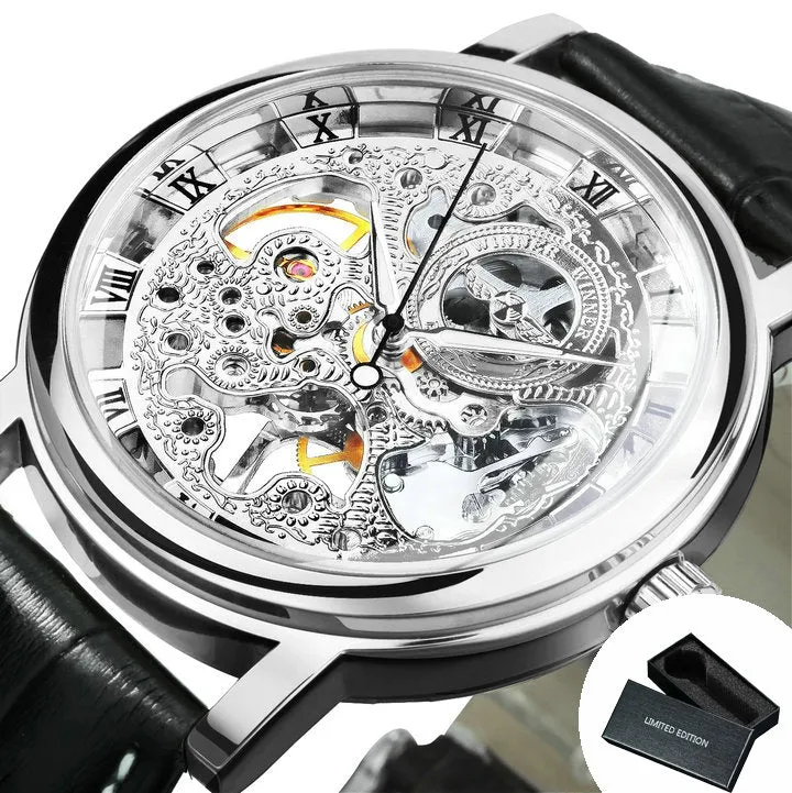 WINNER Classic Vintage Gold Skeleton Hand Wind Mechanical Watch for Men Leather Belt