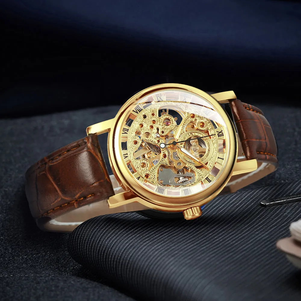 WINNER Classic Vintage Gold Skeleton Hand Wind Mechanical Watch for Men Leather Belt