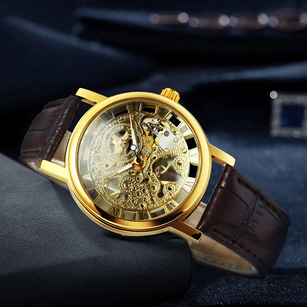 WINNER Classic Vintage Gold Skeleton Hand Wind Mechanical Watch for Men Leather Belt