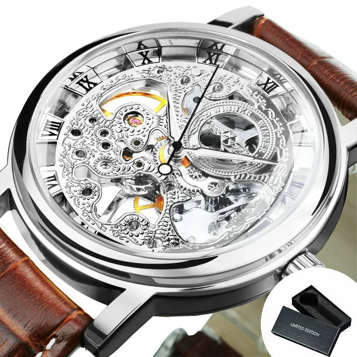 WINNER Classic Vintage Gold Skeleton Hand Wind Mechanical Watch for Men Leather Belt