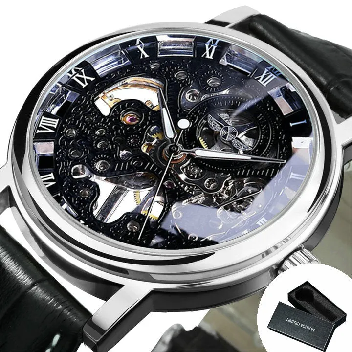 WINNER Classic Vintage Gold Skeleton Hand Wind Mechanical Watch for Men Leather Belt