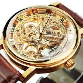 WINNER Classic Vintage Gold Skeleton Hand Wind Mechanical Watch for Men Leather Belt