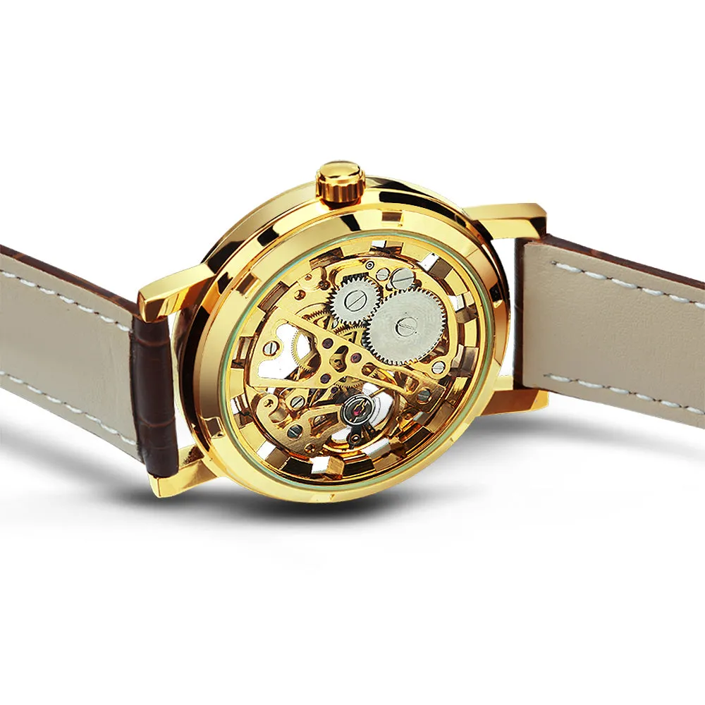 WINNER Classic Vintage Gold Skeleton Hand Wind Mechanical Watch for Men Leather Belt