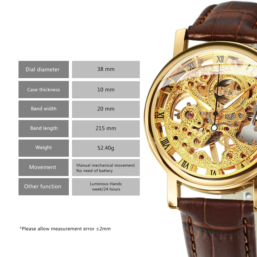 WINNER Classic Vintage Gold Skeleton Hand Wind Mechanical Watch for Men Leather Belt
